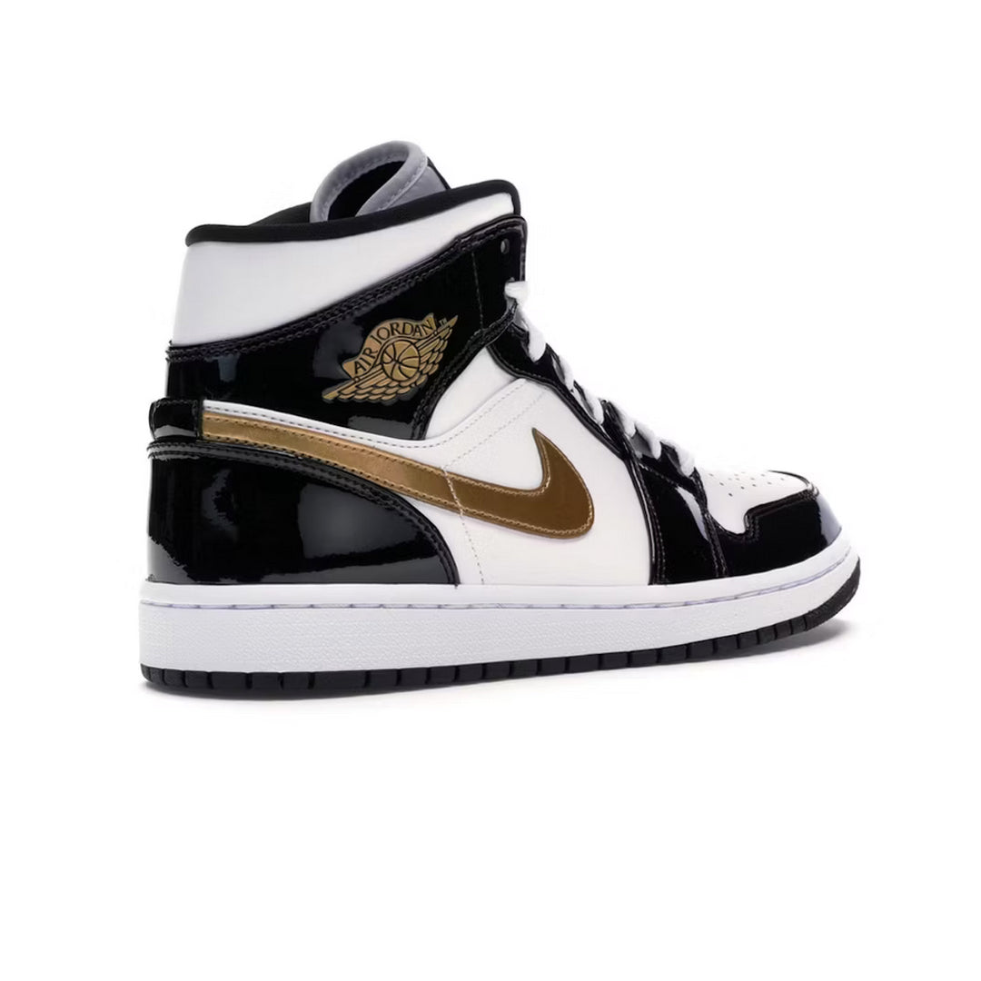 Jordan 1 Mid Patent Black White Gold