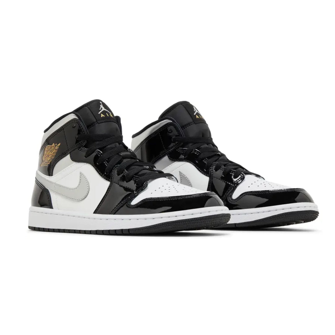 Jordan 1 Mid SE Patent Black White Metallic Silver Metallic Gold