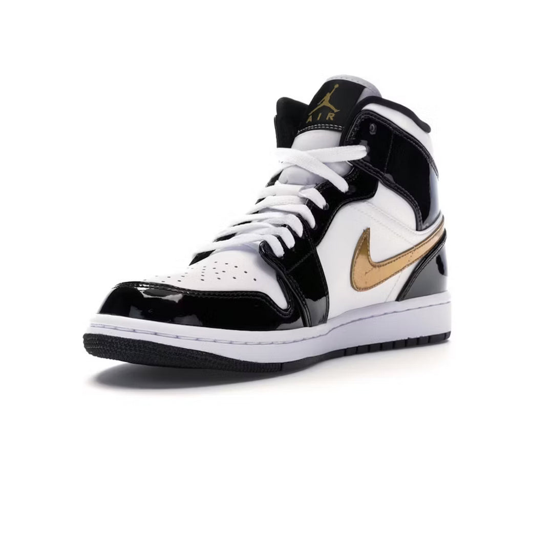 Jordan 1 Mid Patent Black White Gold