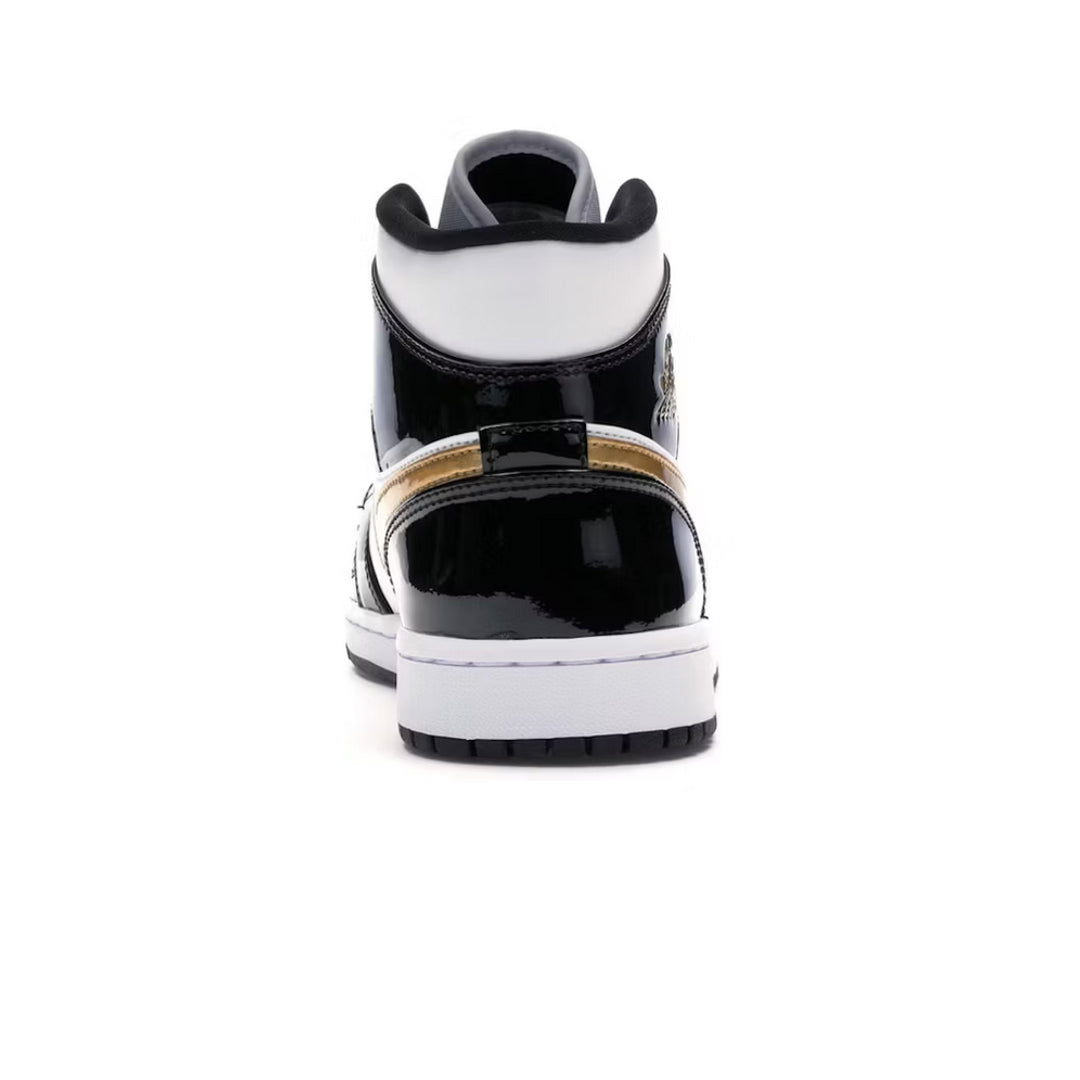 Jordan 1 Mid Patent Black White Gold