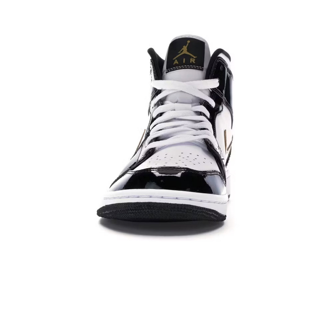 Jordan 1 Mid Patent Black White Gold