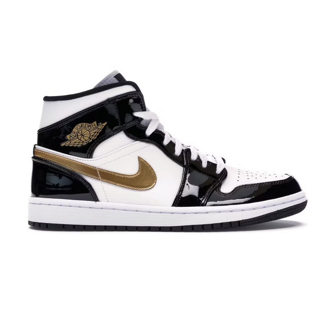 Jordan 1 Mid Patent Black White Gold