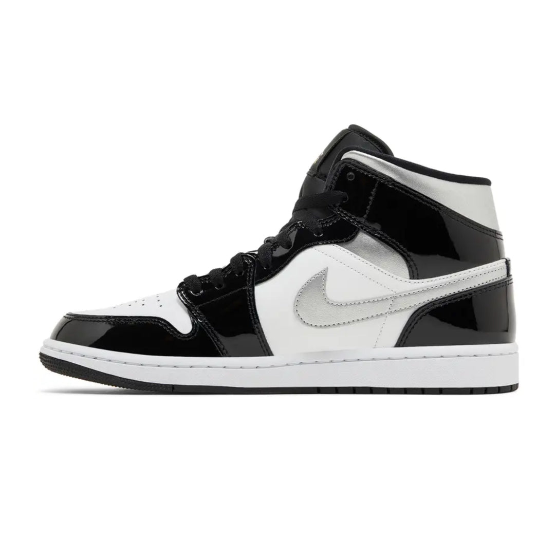 Jordan 1 Mid SE Patent Black White Metallic Silver Metallic Gold